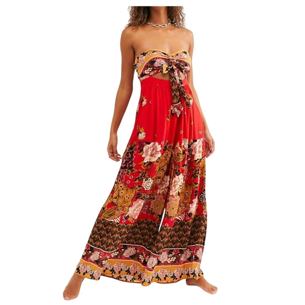 Free People Bali Birds Of Paradise Red Floral Paisley Jumpsuit Wide Leg Bandeau